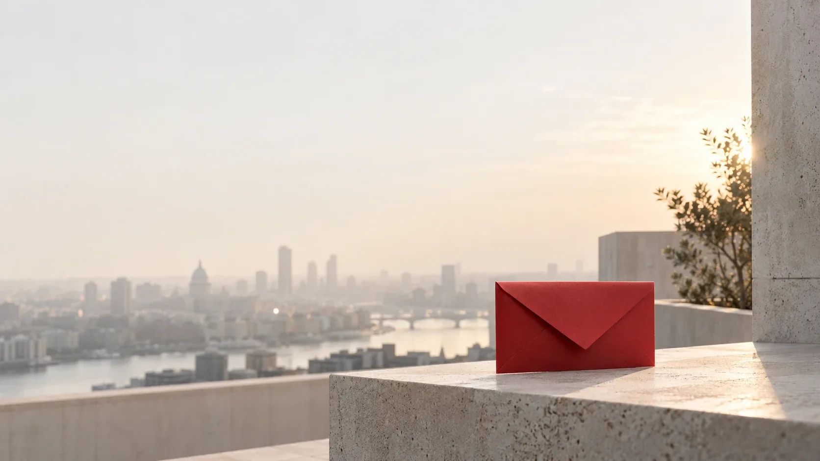 A red envelope standing on a stone terrace high above a hazy city with a river and bridges