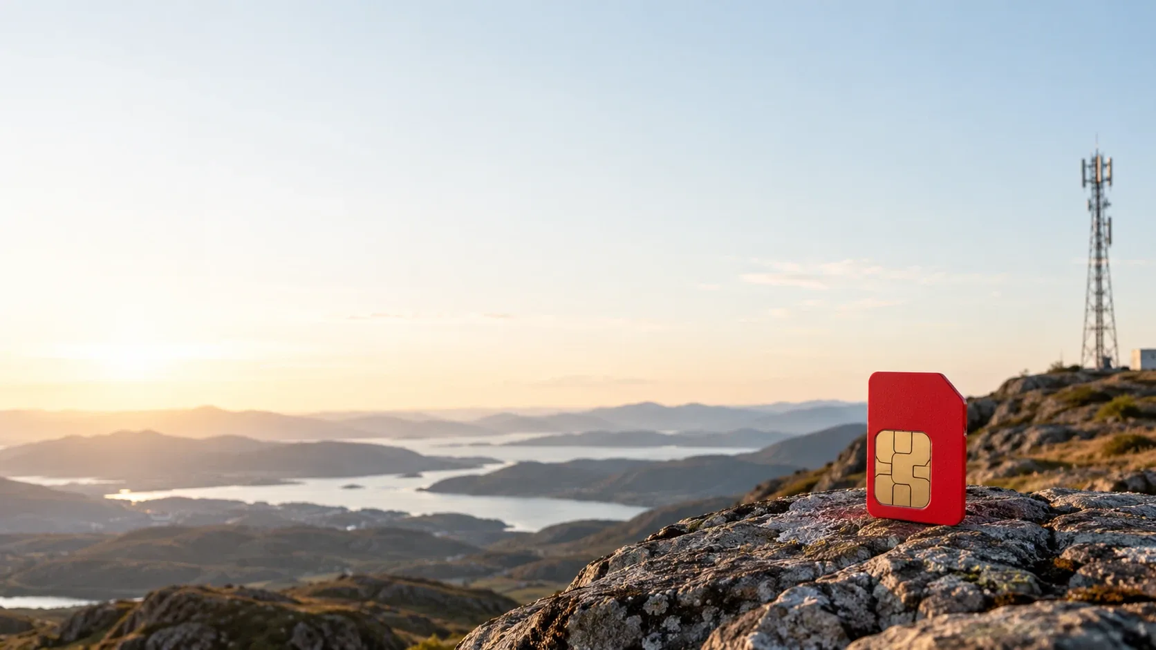 A red SIM card standing on a rock on a hilltop above lakes and hills, with a telecom mast at the edge